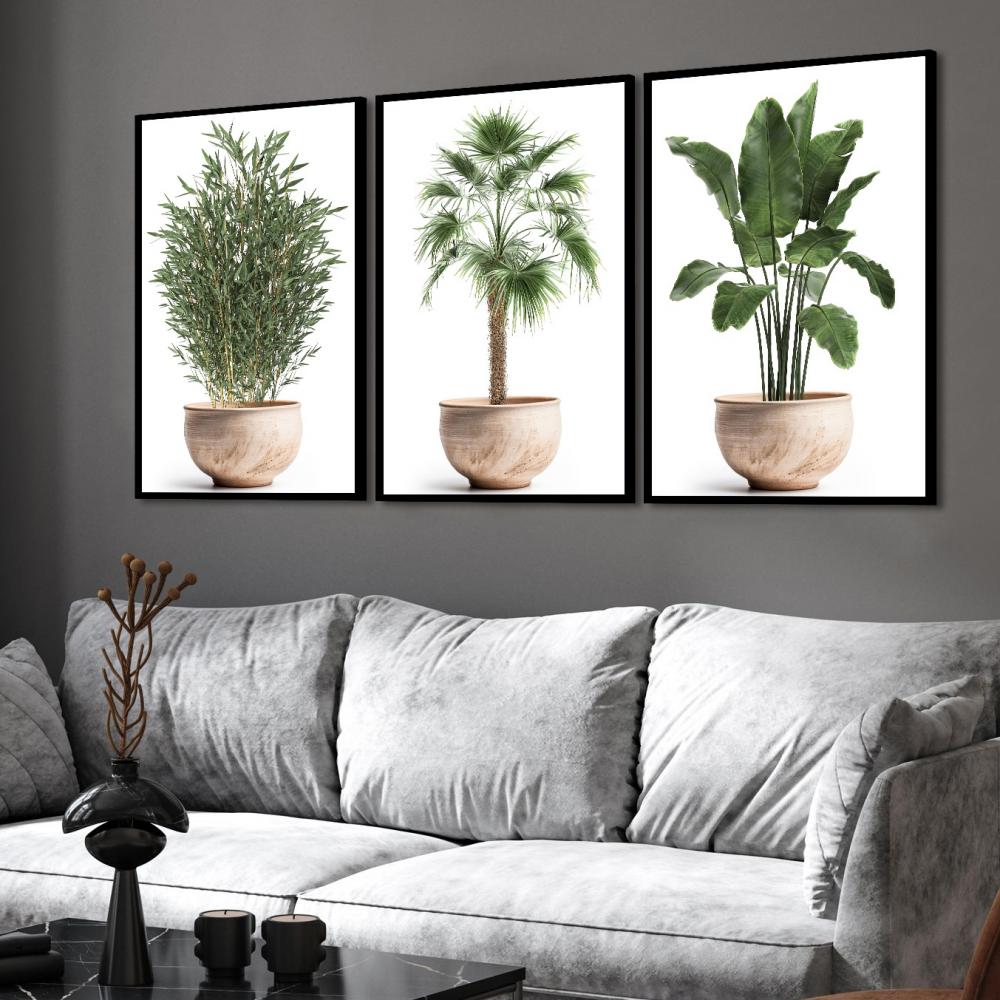 kit 3 quadro decorativo galhos de bambu vasos de folhas verdes Ba