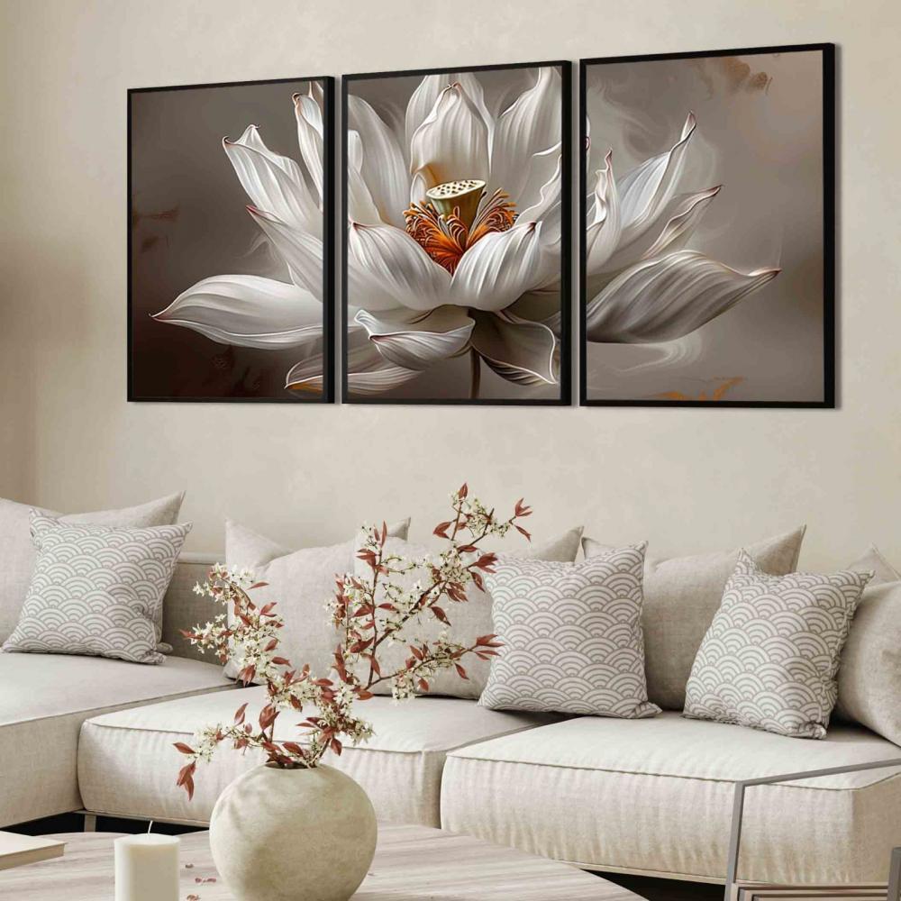 kit 3 quadro decorativo flores de lótus brancas decor casa quart