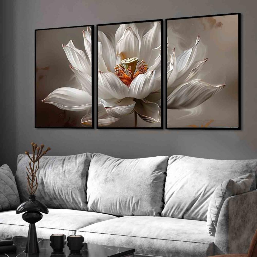 kit 3 quadro decorativo flores de lótus brancas decor casa quart