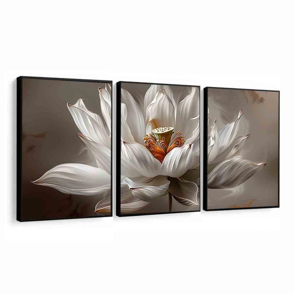 kit 3 quadro decorativo flores de lótus brancas decor casa quart