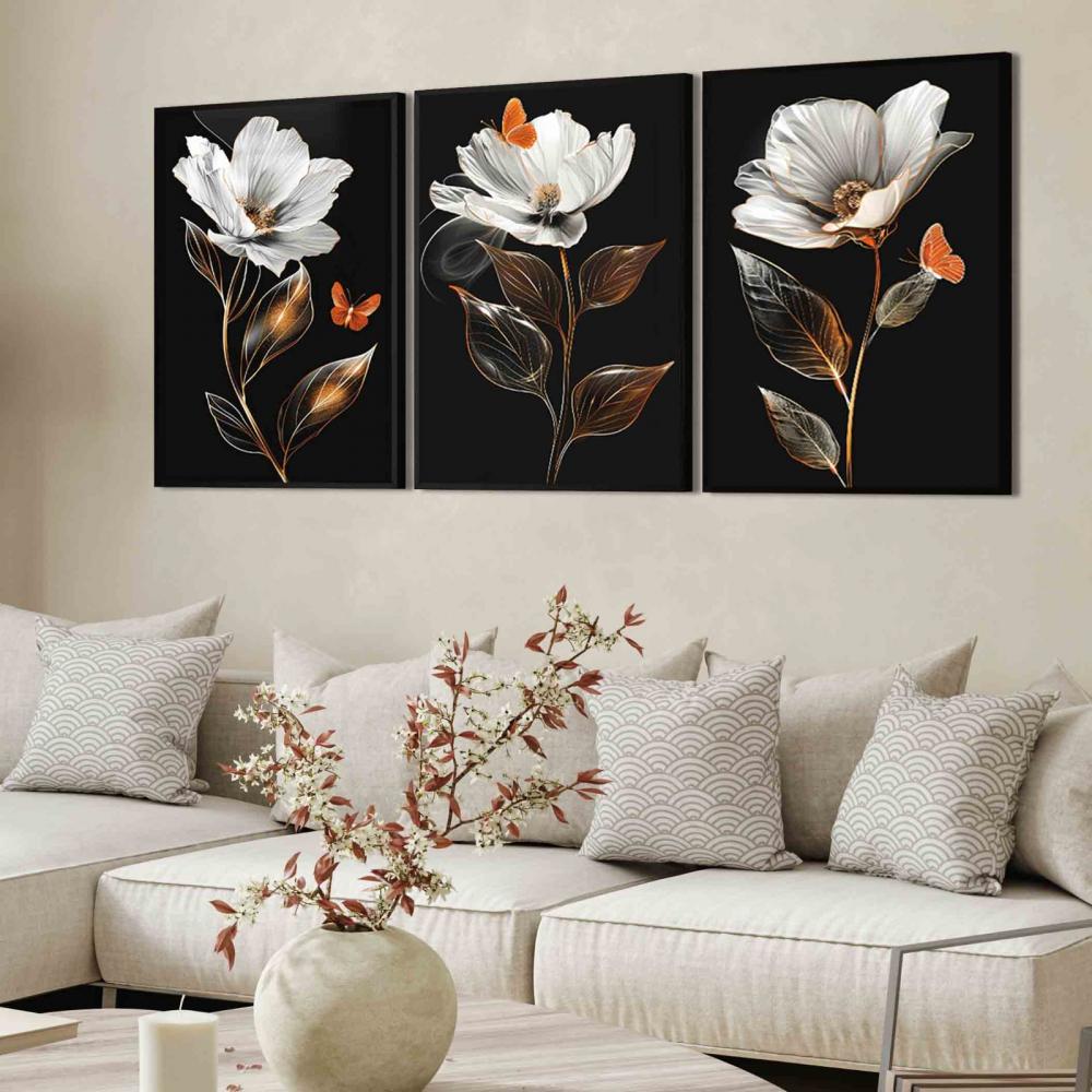 Kit 3 Quadro Decorativo Flores rosas Brancas Decor Casa luxo