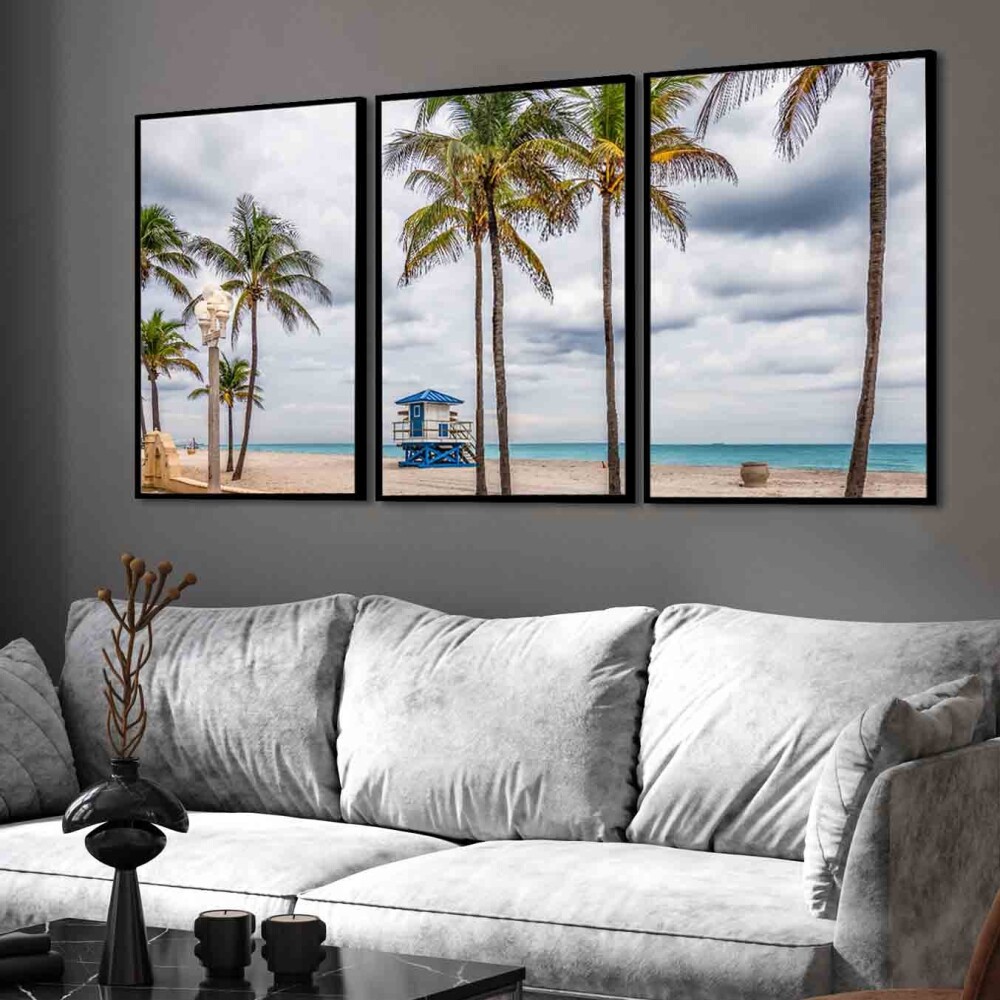 kit 3 quadro decorativo praia coqueiros quarto sala hall de entra