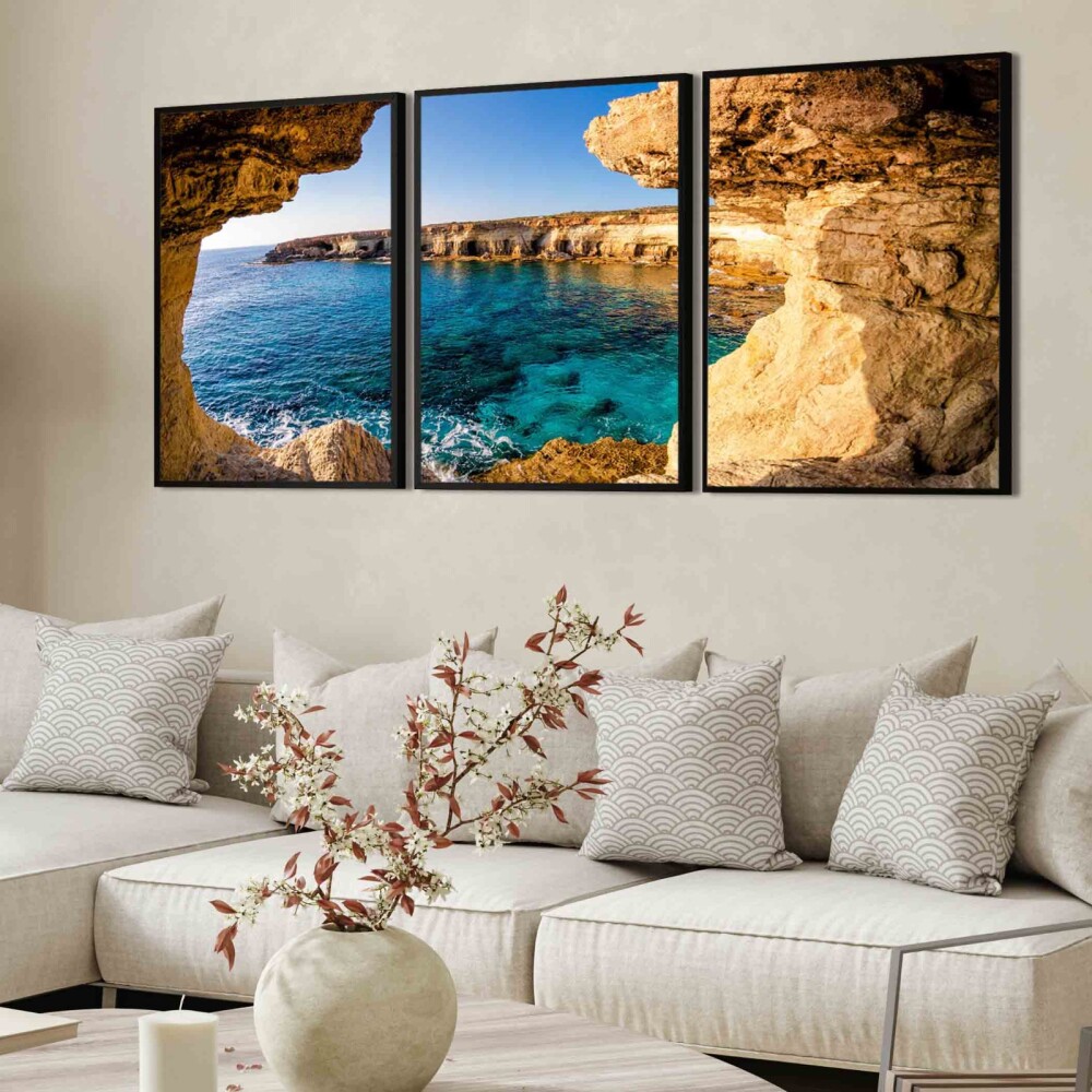 kit 3 Quadro Decorativo Praia Azul Mar Azul Gruta quarto sala Com