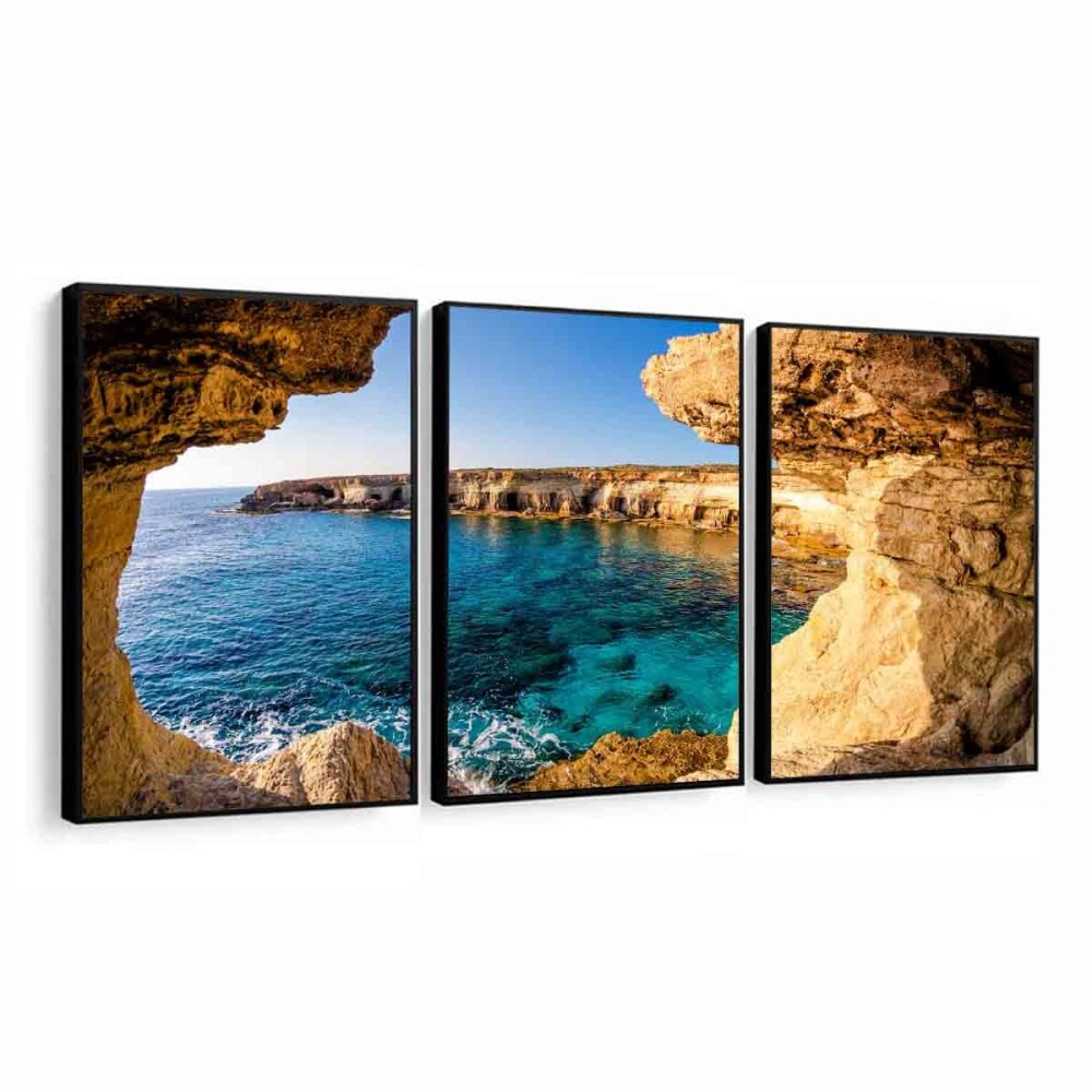 kit 3 Quadro Decorativo Praia Azul Mar Azul Gruta quarto sala Com