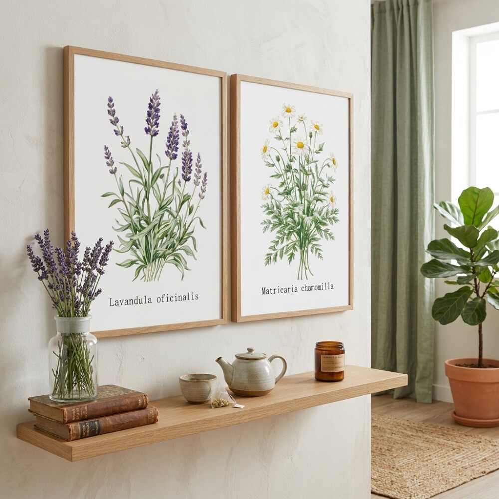 Kit 2 quadro decorativo flores de lavanda arranjos de camomila ga