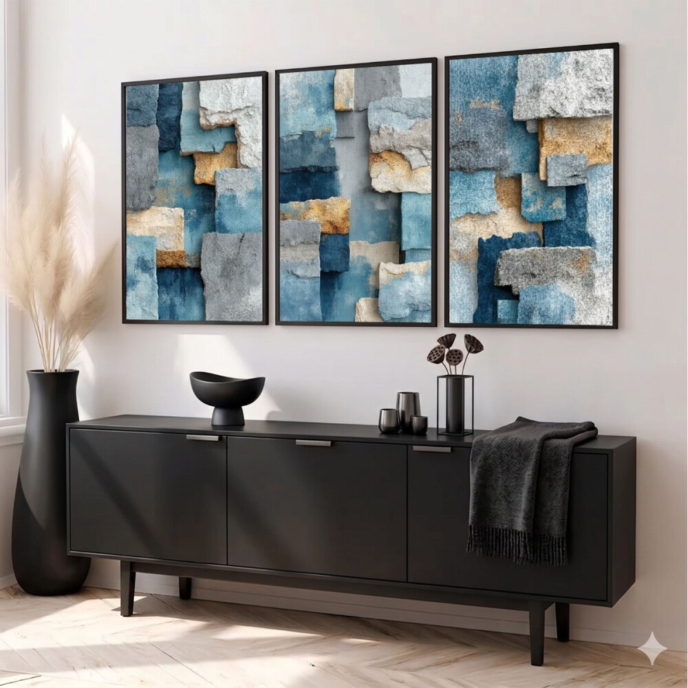 kit 3 quadro decorativo abstrato azul celeste gold  luxo decor sa