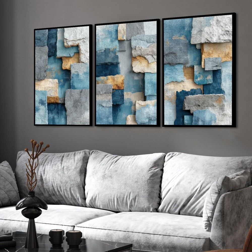 kit 3 quadro decorativo abstrato azul celeste gold  luxo decor sa