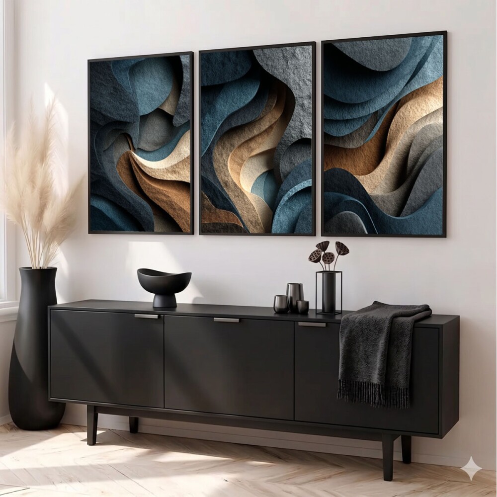 kit 3 quadro decorativo abstrato azul celeste gold listras luxo d