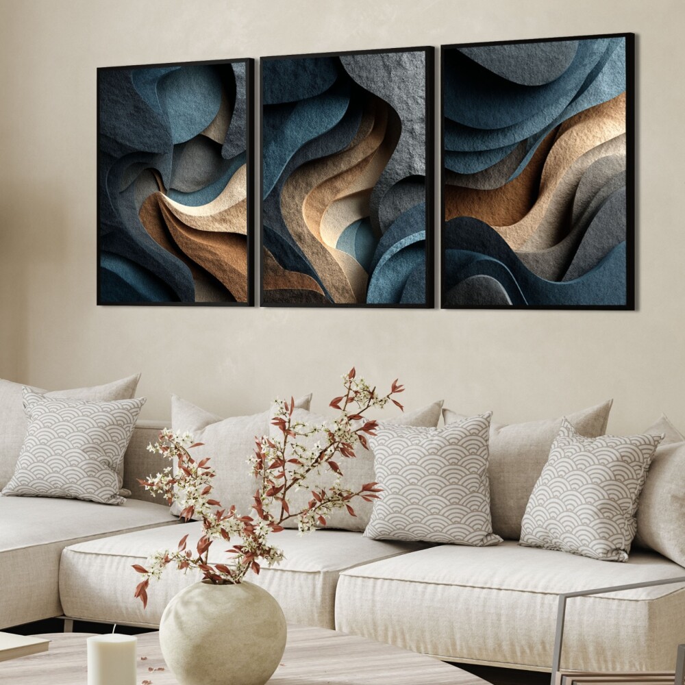 kit 3 quadro decorativo abstrato azul celeste gold listras luxo d