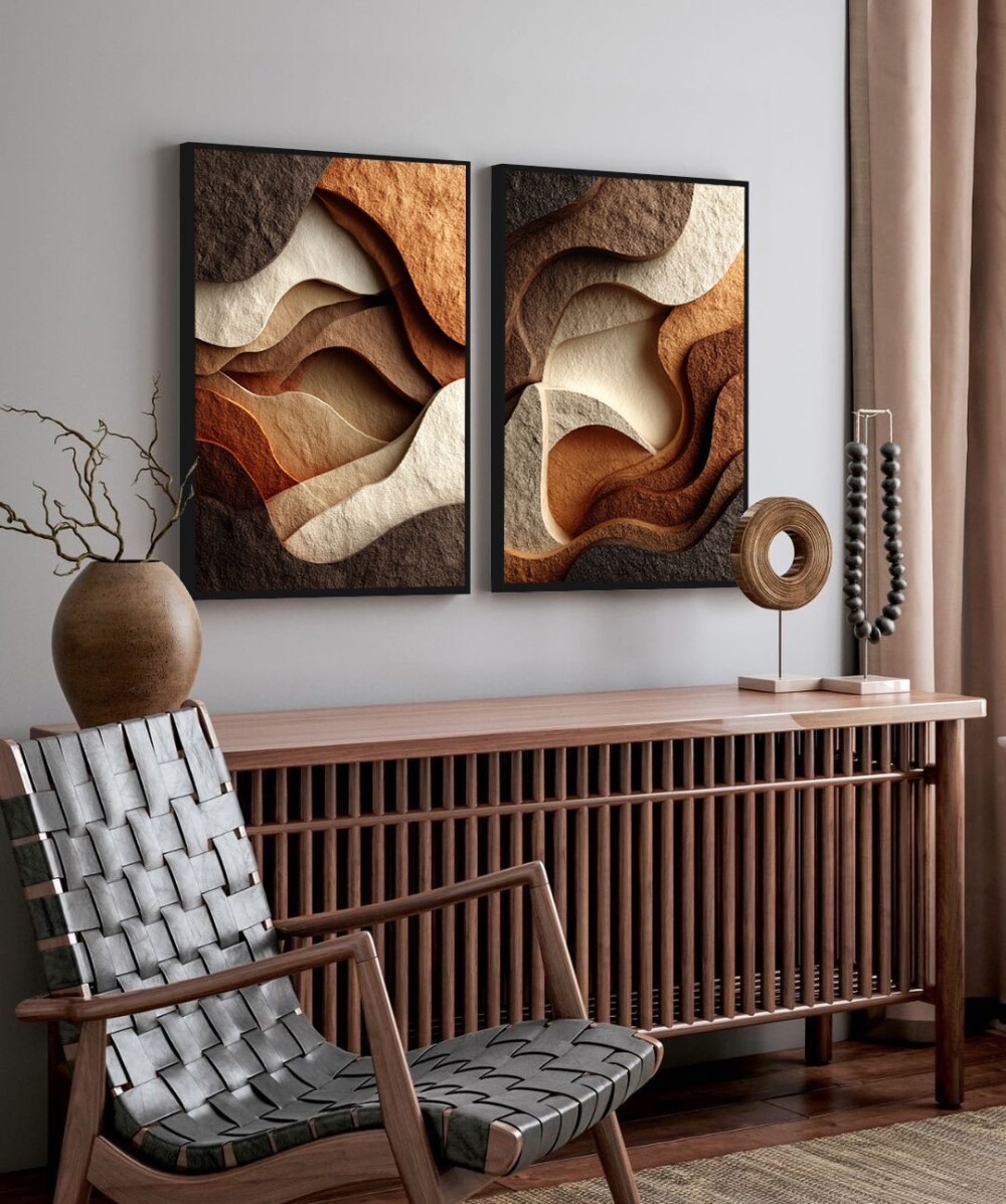 kit 2 quadro decorativo abstrato organico tons terroso luxo decor