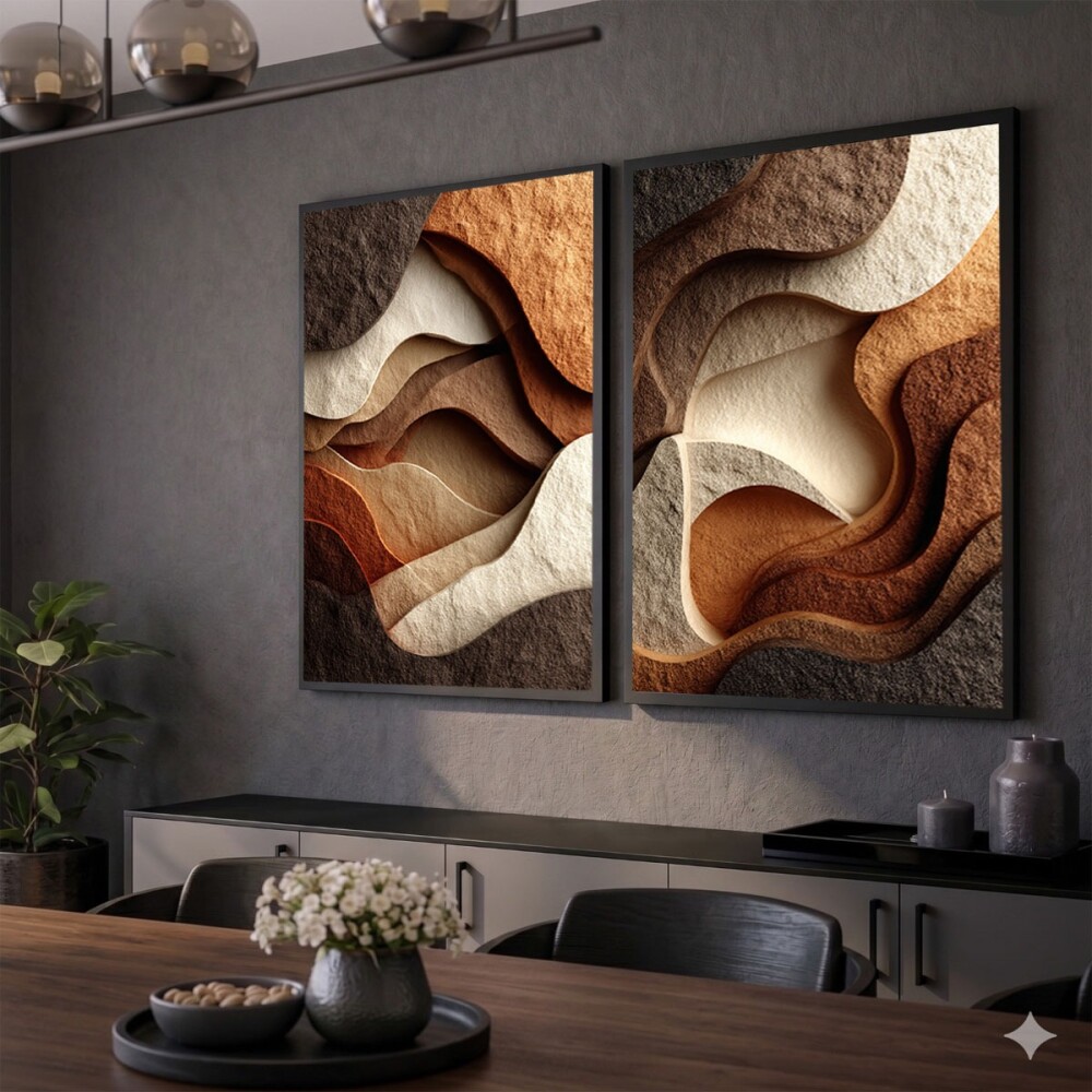 kit 2 quadro decorativo abstrato organico tons terroso luxo decor