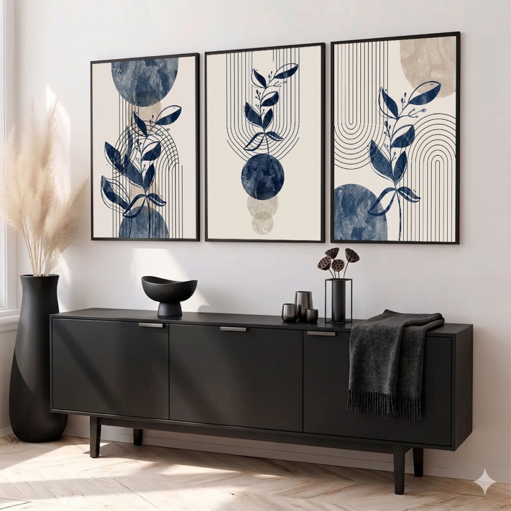 kit 3 Quadro Decorativo Abstrato Azul Intenso Com Toques De Luz f