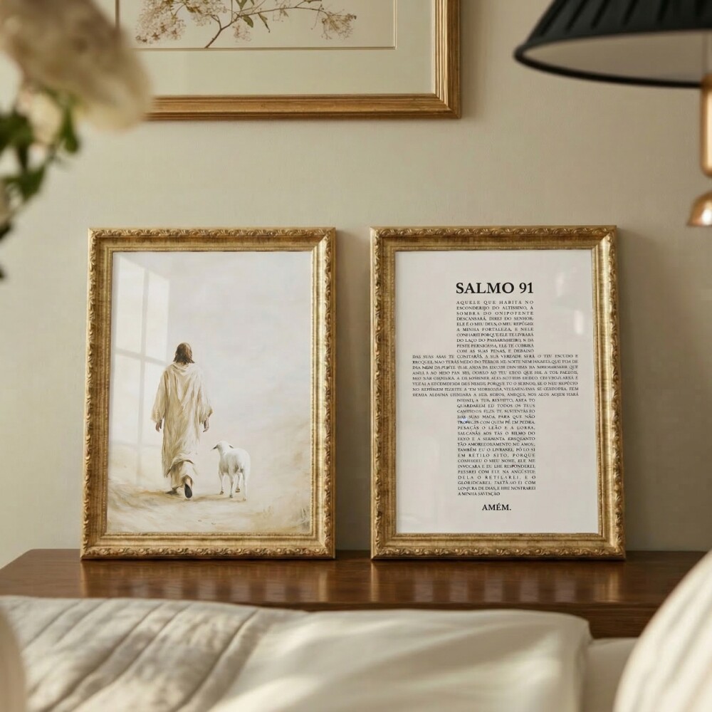kit 2 Quadro Salmo 91 Deus Fé Jesus Moldura Clássica Dourada Vi