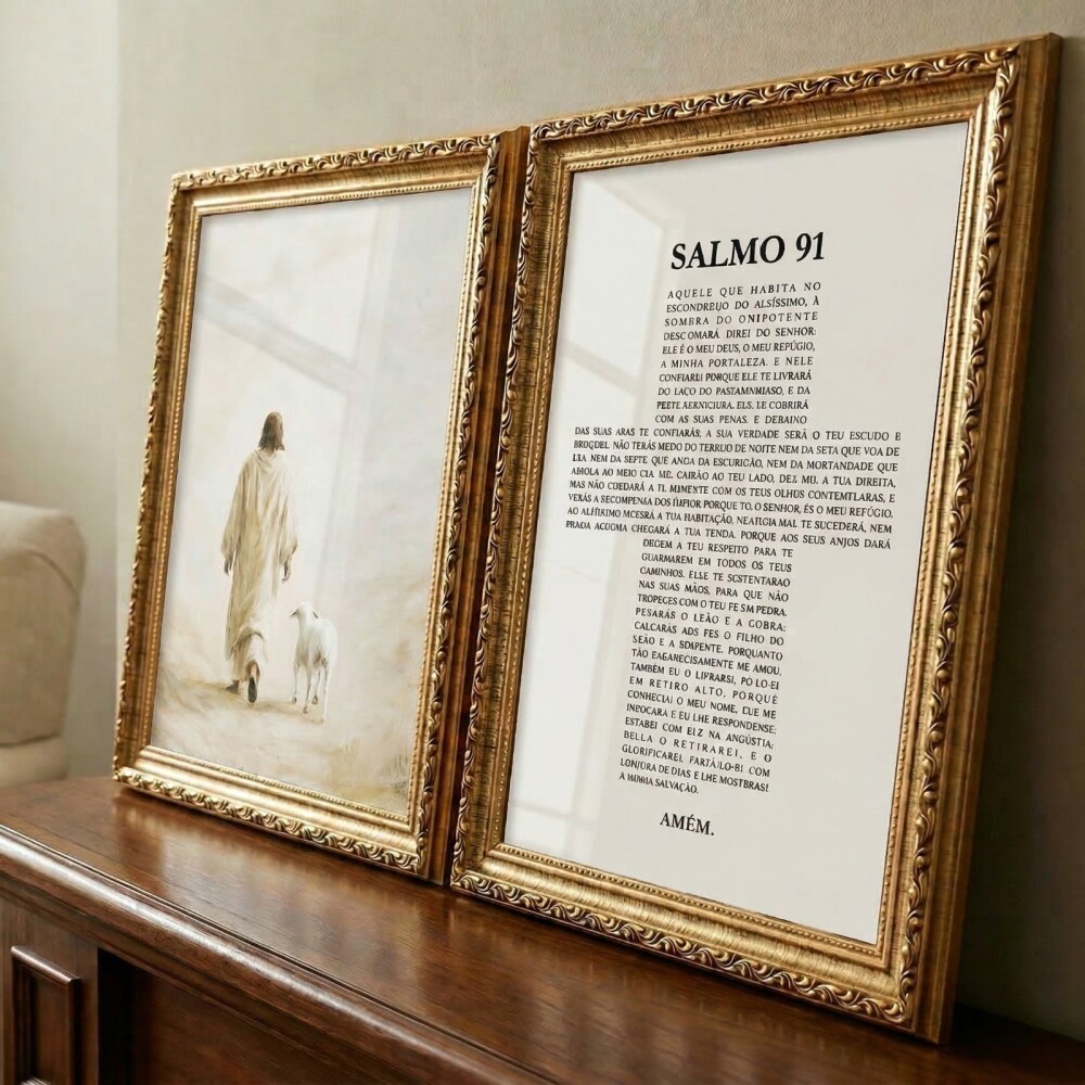 kit 2 Quadro Salmo 91 Deus Fé Jesus Moldura Clássica Dourada Vi