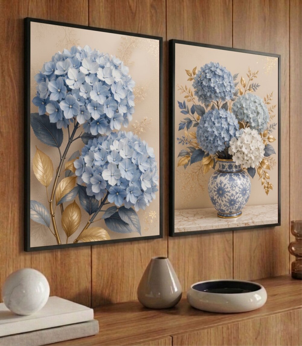 kit 2 Quadro Flores Hortênsias Azuis Vaso De Flor Tons Azuis Sal