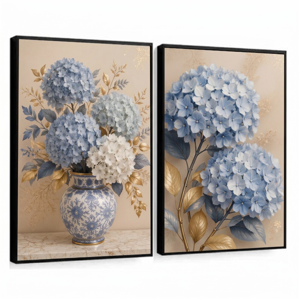 kit 2 Quadro Flores Hortênsias Azuis Vaso De Flor Tons Azuis Sal