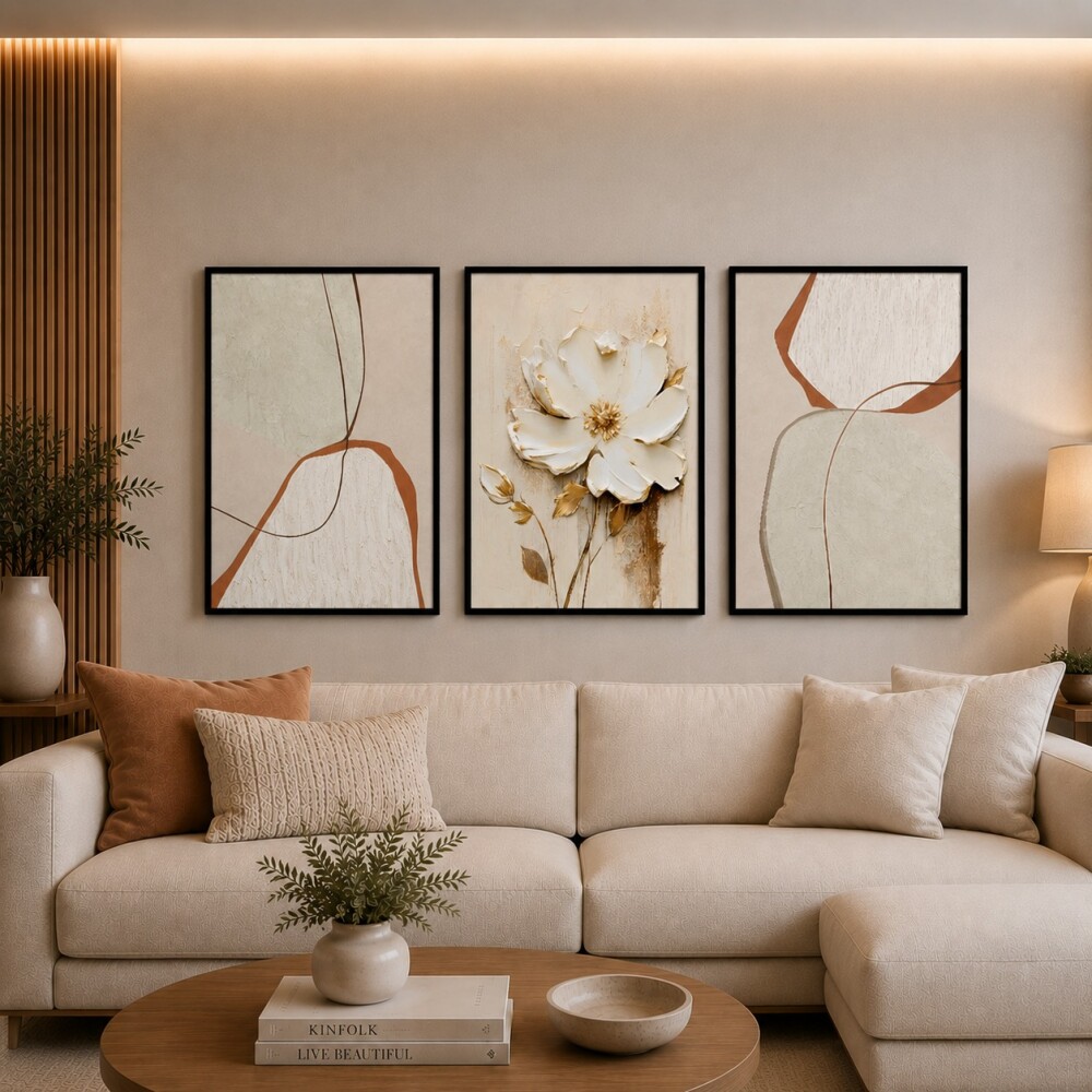 kit 3 Quadro Boho Chic Abstrato Floral Tons De Bege Dourado Flor 