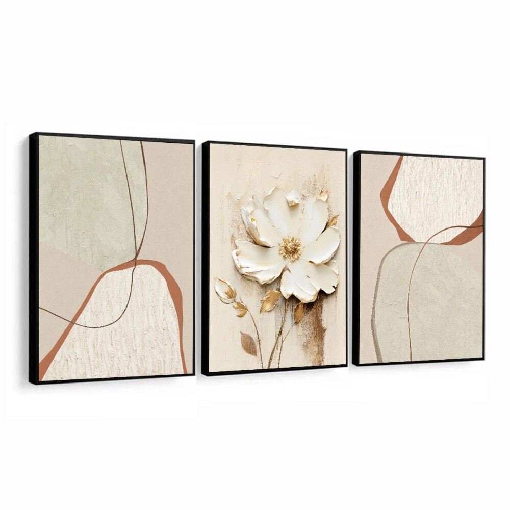 kit 3 Quadro Boho Chic Abstrato Floral Tons De Bege Dourado Flor 