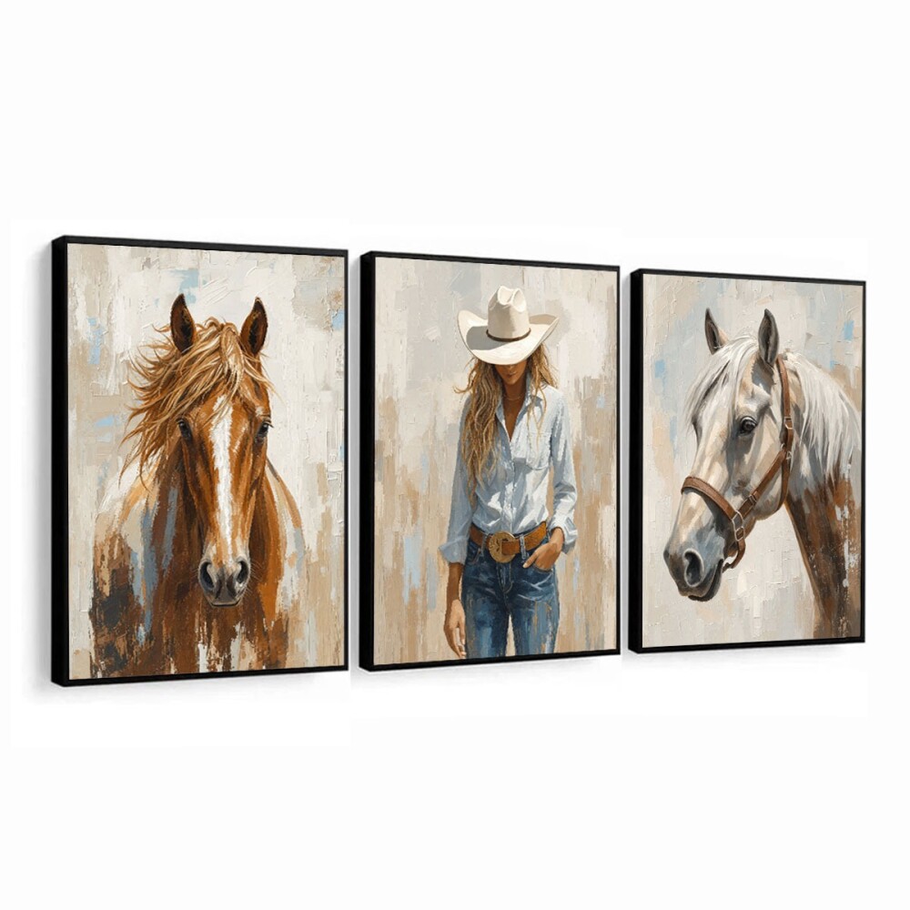 kit 3 Quadro Cavalos Fazenda Hipismo Country Rústico Cowgirl Sal