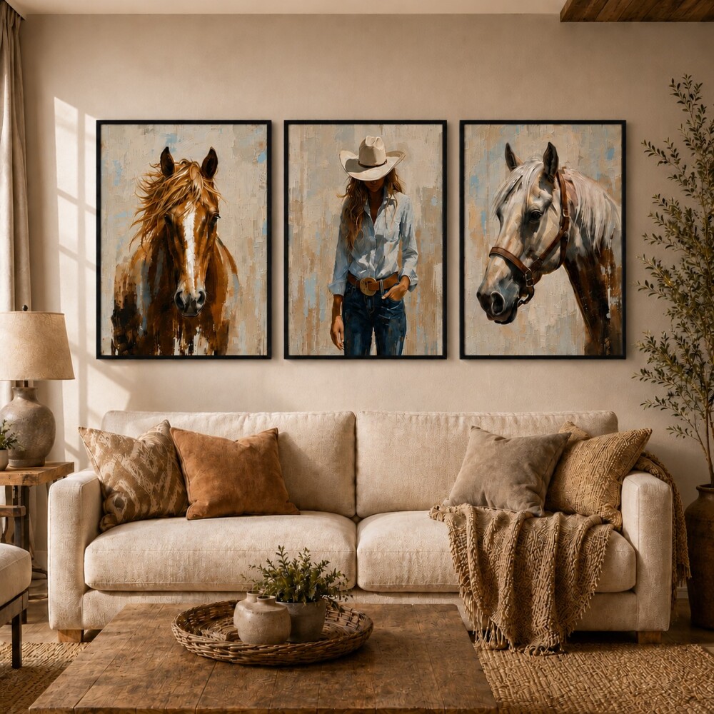 kit 3 Quadro Cavalos Fazenda Hipismo Country Rústico Cowgirl Sal