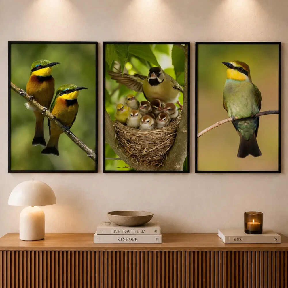 kit 3 Quadro Família De Passarinhos Aves Exóticas Abelharucos S
