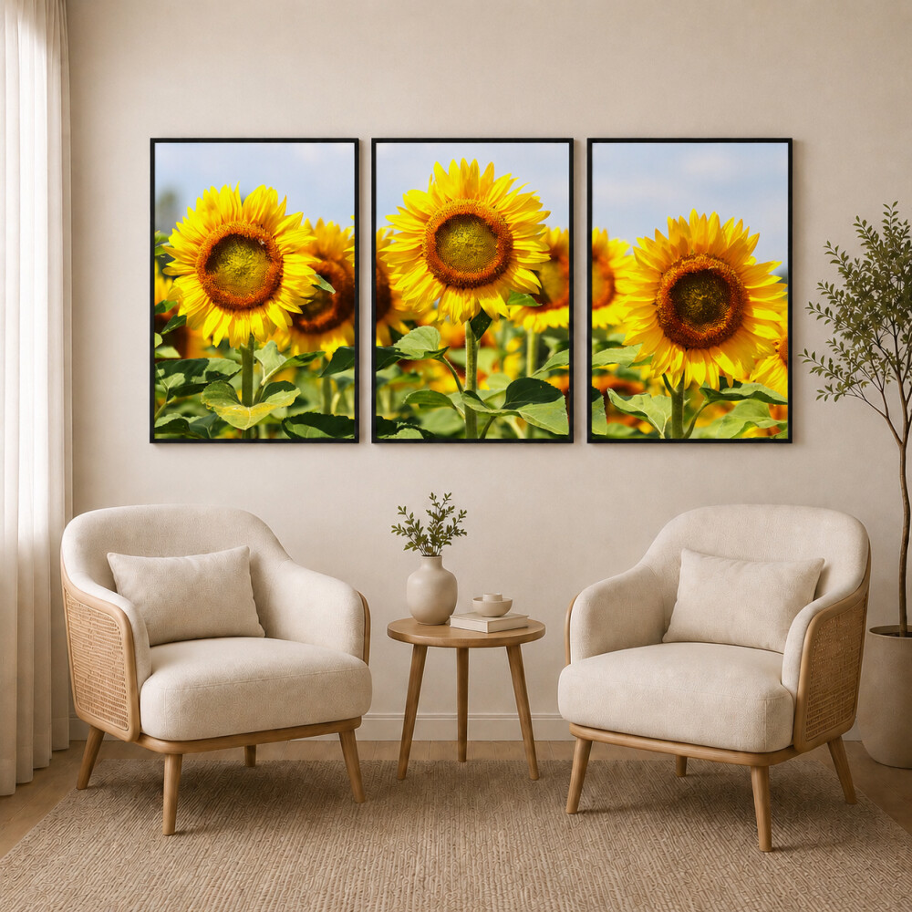 Trio De Quadros Girassóis Sala De Estar Luxo Flor Girassol com m