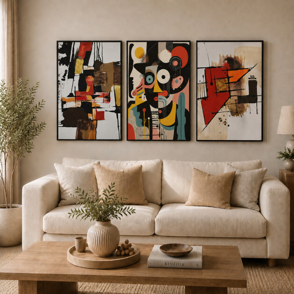 3 Quadros Artes Abstratas Contemporâneas Sala De Estar Luxo com 