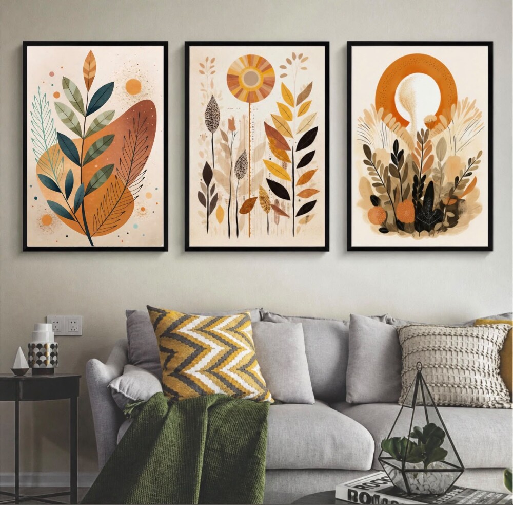 Kit 3 Quadros Abstrato Premium tons laranja Cores de Outono sala 