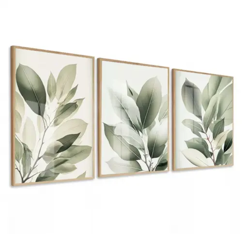 kit 3 quadro decorativo folhas verdes galhos verdes sala quarto decor pousada casa com molduras