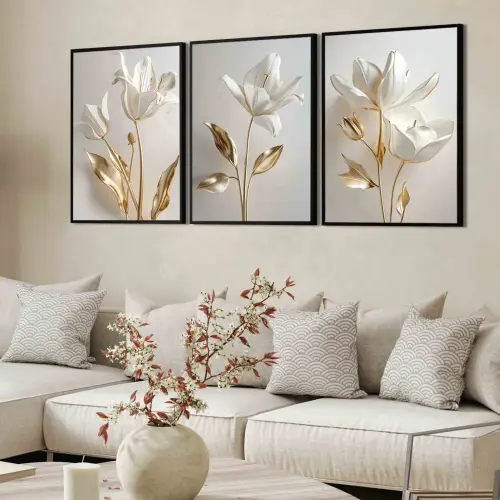 kit 3 quadro decorativo flores brancas douradas sala quarto decor