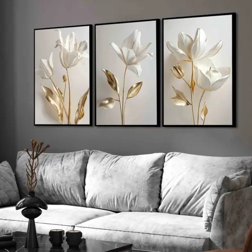 kit 3 quadro decorativo flores brancas douradas sala quarto decor pousada casa com molduras