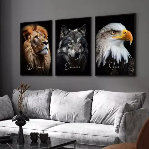 kit 3 quadro decorativo motivacional animais águia leão lobo sa