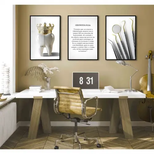 kit 3 quadro decorativo odontologia dentista dente aparelhos odontologicos sala decor casa com molduras
