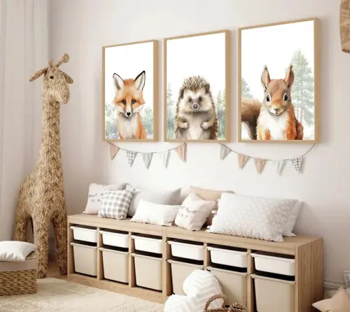 kit 3 quadro decorativo infantil bebe animais ursinhos sala decor casa com molduras