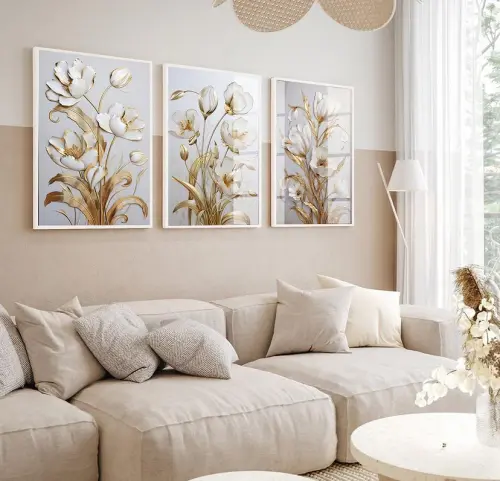 kit 3 quadro decorativo flores brancas galhos dourados sala quart