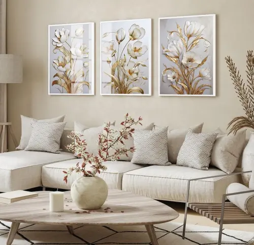 kit 3 quadro decorativo flores brancas galhos dourados sala quarto decor pousada casa com molduras