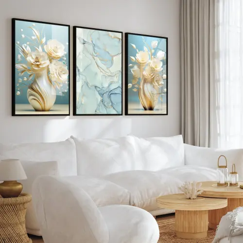 kit 3 quadro decorativo vaso de flores brancas galhos dourados sa