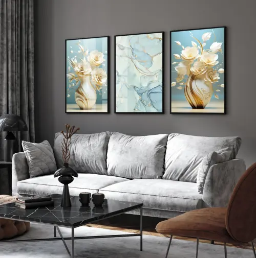 kit 3 quadro decorativo vaso de flores brancas galhos dourados sala quarto decor pousada casa com molduras