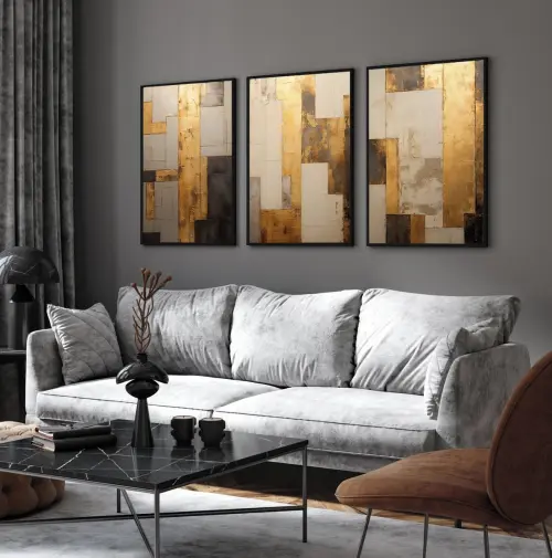 kit 3 quadro decorativo abstrato dourado gold ouro minimalista sala decor casa com molduras