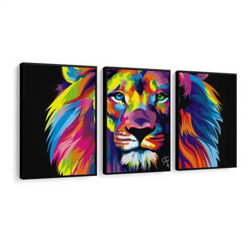 kit 3 quadro decorativo leão de judá colorido sala decor casa com molduras