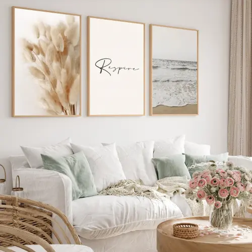 kit 3 quadro decorativo respire capim dos pampas galhos de trigo 