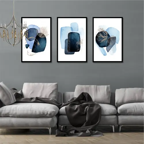 kit 3 quadro decorativo abstrato azul minimalista boho sala decor casa com molduras