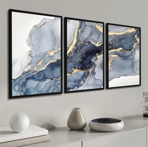 kit 3 quadro decorativo abstrato azul dourado minimalista luxo sala decor casa com molduras