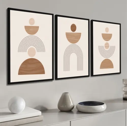 kit 3 quadro decorativo abstrato bege claro minimalista  sala decor casa com molduras
