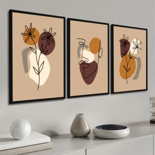 kit 3 quadro decorativo abstrato bege desenhos minimalista  sala decor casa com molduras