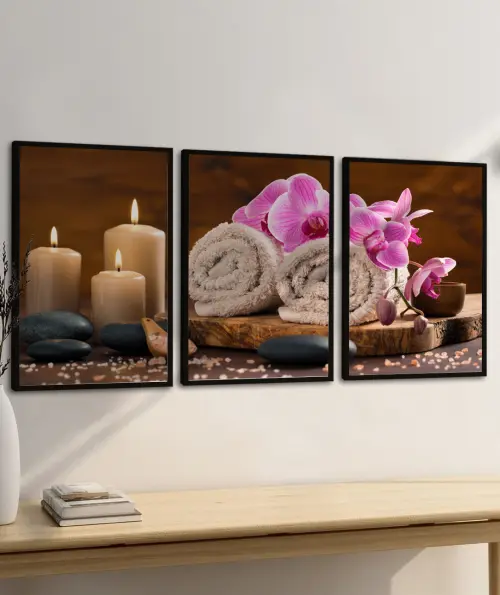 kit 3 quadro decorativo spa massagem corporal relaxamento paz sala decor casa com molduras