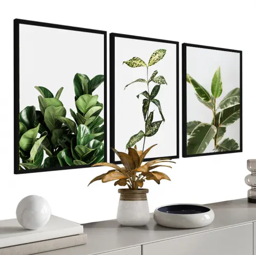kit 3 quadro decorativo folhas verdes folhagem verde sala quarto decor sítio casa com molduras