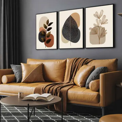 kit 3 quadro decorativo abstrato bege claro minimalista folhas sala decor casa com molduras