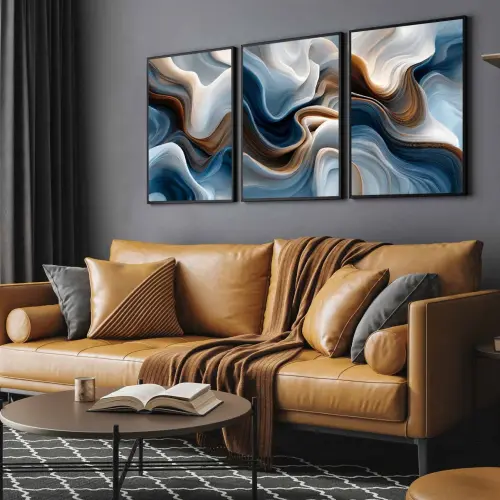 kit 3 quadro decorativo abstrato azul colorido minimalista luxo sala decor casa com molduras