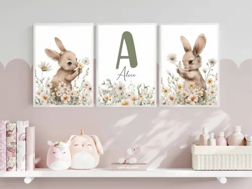 kit 3 quadro decorativo bebe infantil menina decor quarto infantil coelhinho animais com molduras